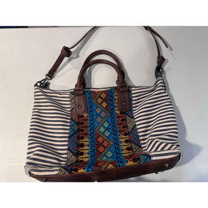 MMS Aztec Embroidered Blue & Brown Striped Tote Bag